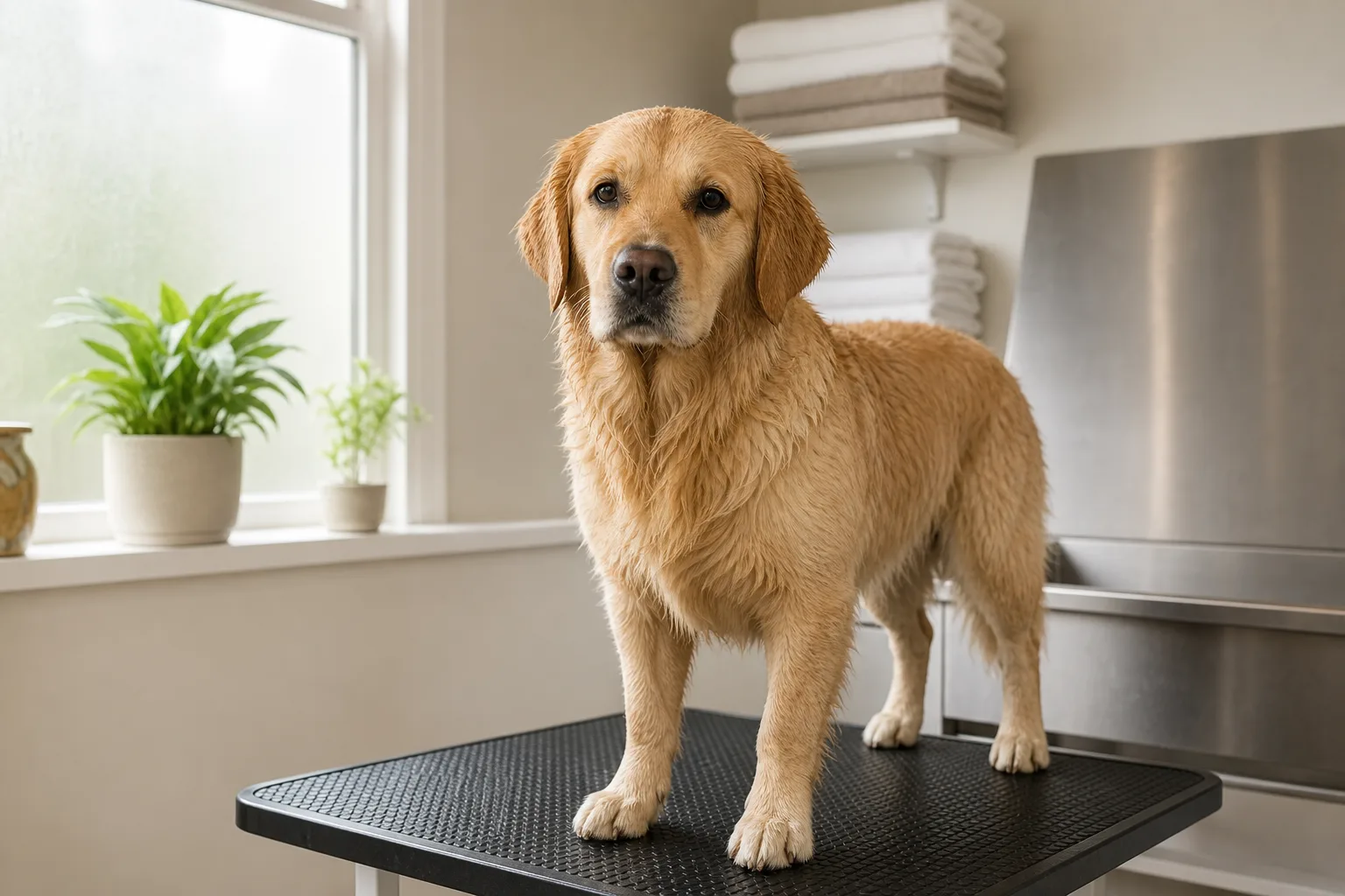 Calm medium-sized dog standing on a non-slip mat in a bright, tidy grooming room with towels nearby