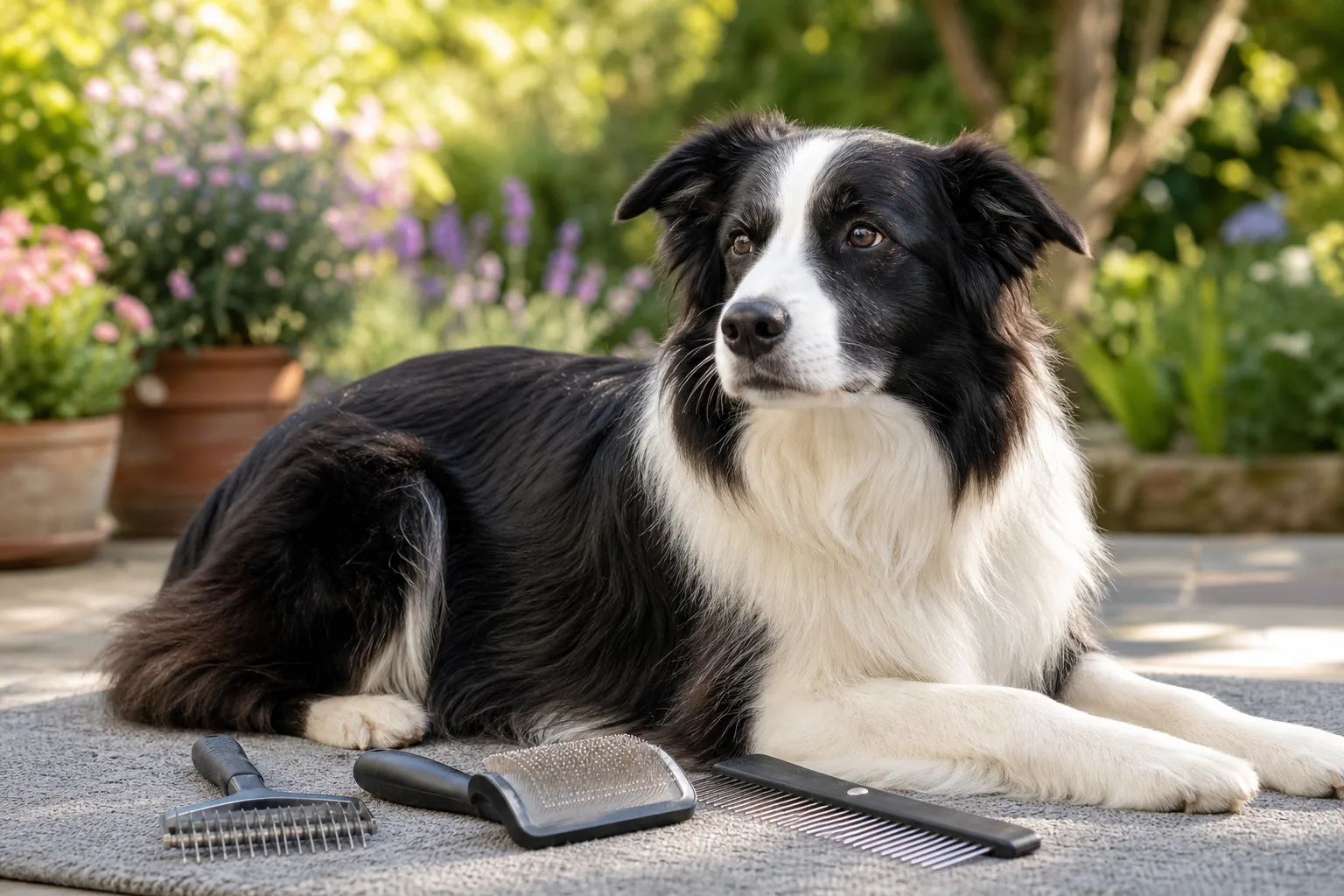 Calm double-coated dog lying on a grooming mat with an undercoat rake and slicker brush beside them in a sunny garden.