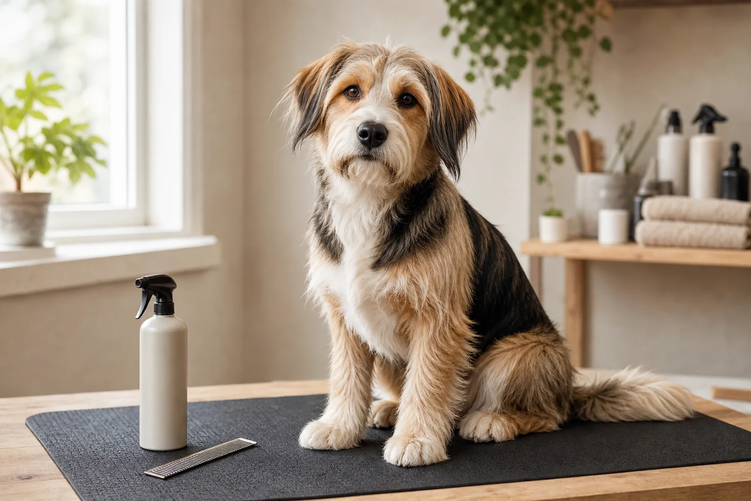 Calm dog on a grooming table with a spray bottle, comb and tidy coat in natural light