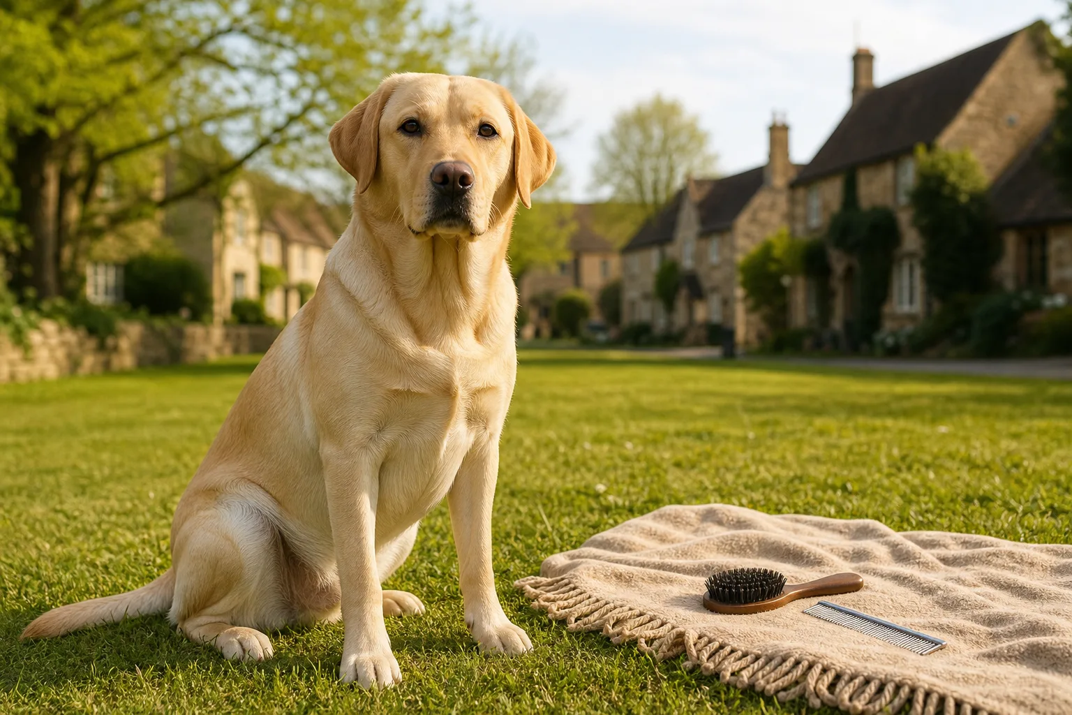Well‑groomed Labrador sitting calmly on green grass with soft sunlight, brush on a blanket nearby