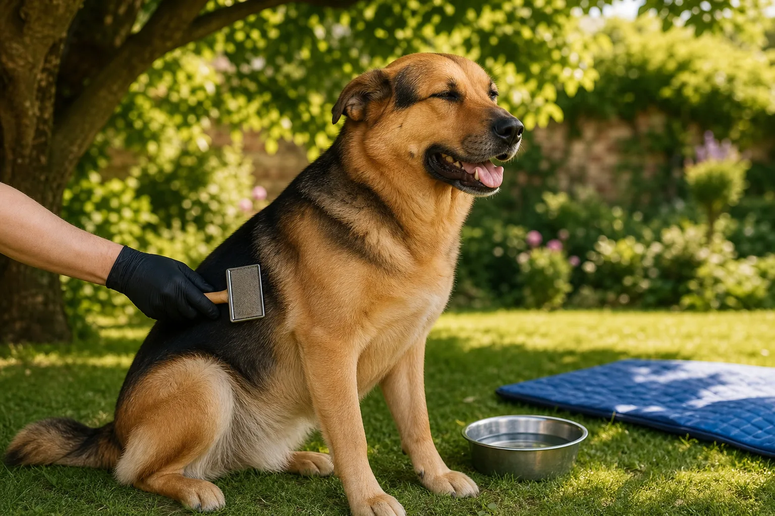 A calm double-coated dog sitting on a summer lawn while a hand gently brushes its coat under soft daylight