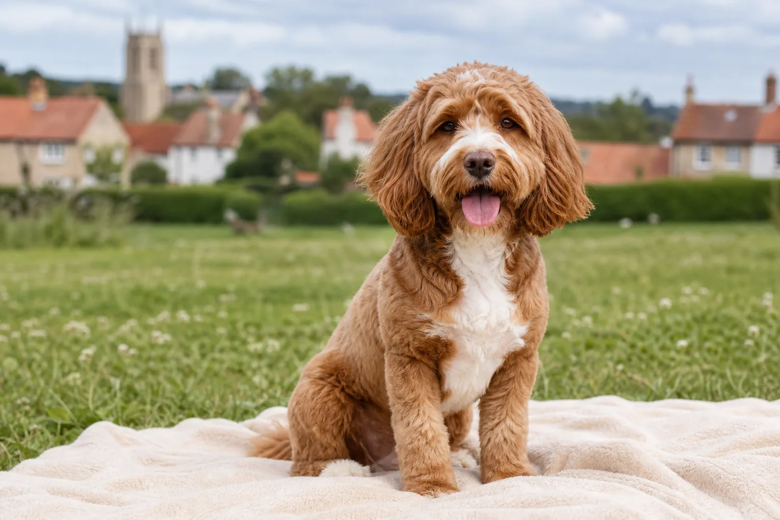 Calm long-haired dog sitting on a neutral background, coat looking healthy and well-groomed