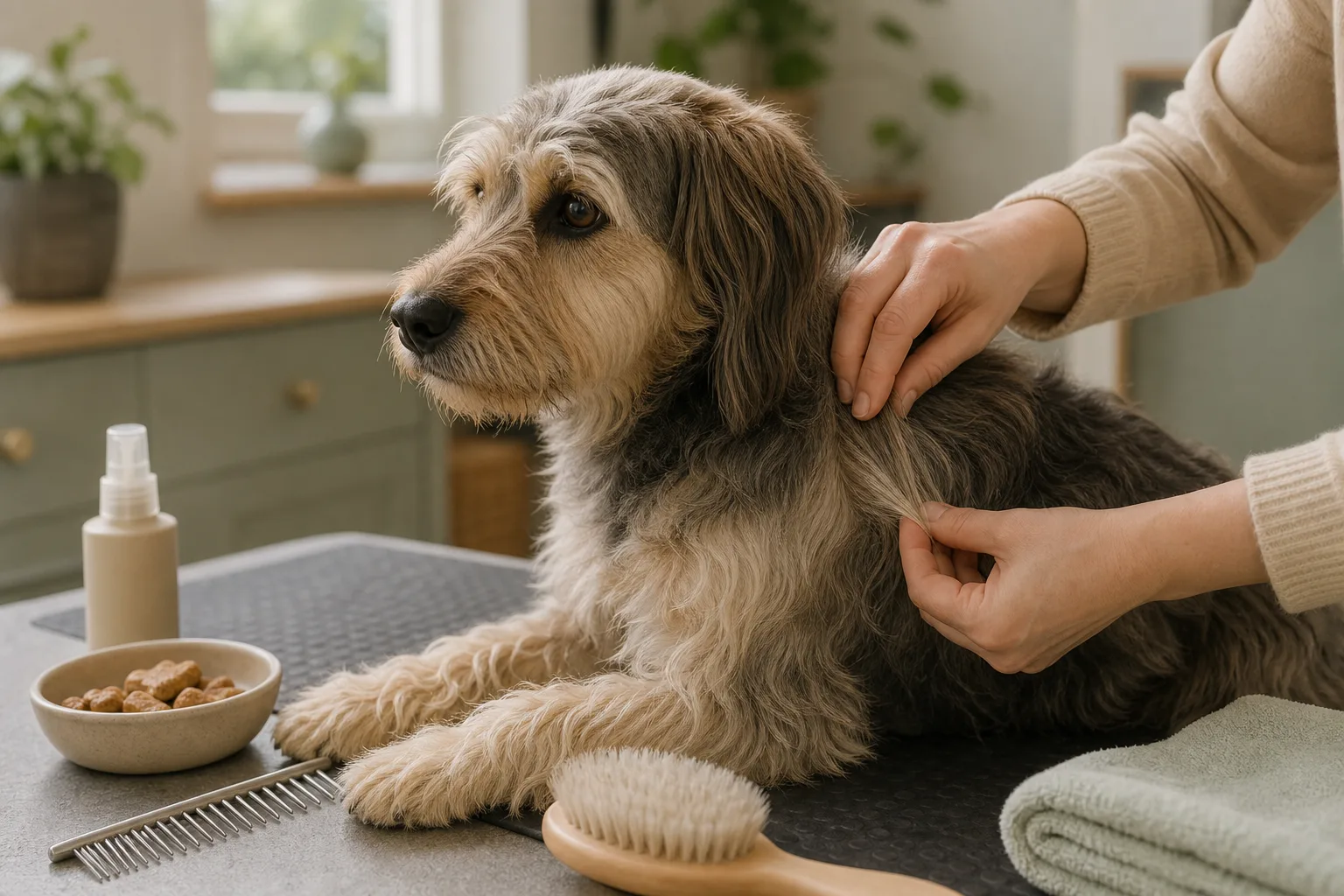 Relaxed dog on a grooming table being gently detangled by an owner using a comb and hands; only the owner's hands are visible
